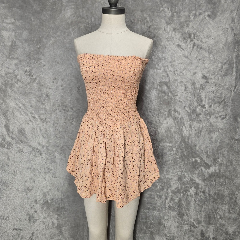Blue Life Romper Womens S Peach Floral Smocked Strapless Boho Cottage Dainty‎